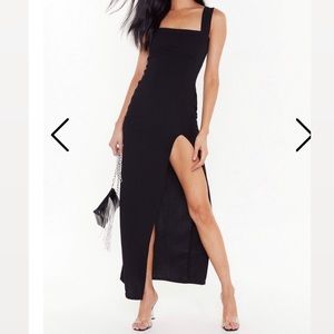 Nasty Gal Black Long Dress with Slit Square Neck